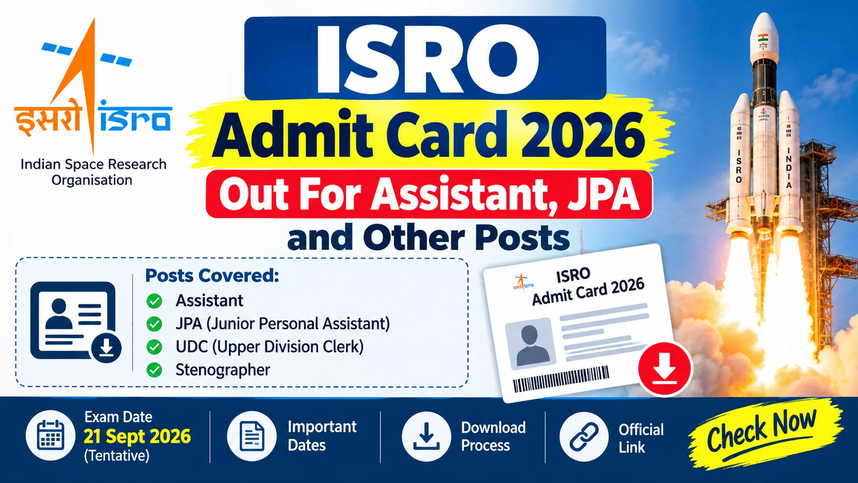 ISRO Admit Card 2026 Out? Assistant, JPA, UDC Hall Ticket Download