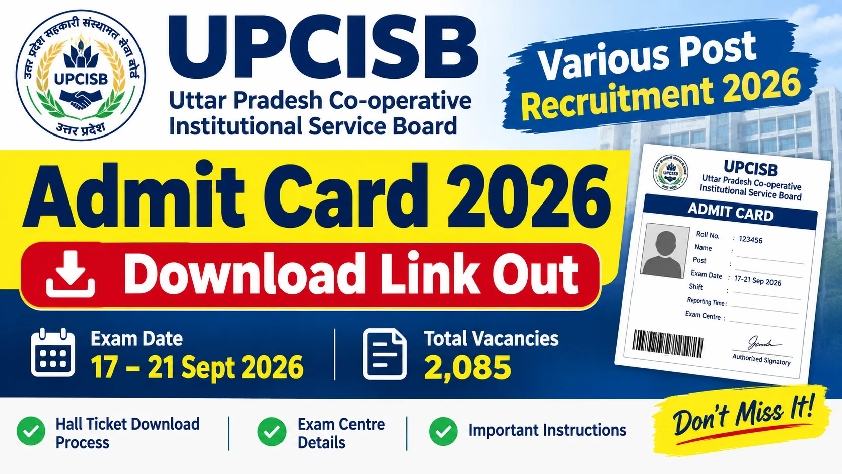 UPCISB Various Post Admit Card 2026